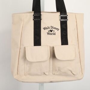 Disney Walt Disney World Tote Bag Womens Large Beige Canvas Mickey Pockets